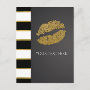 Black White Stripe Faux Gold Shimmer Lips Event Postcard
