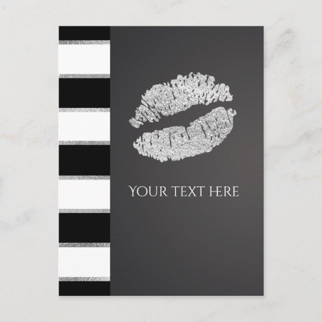Black White Stripe Faux Silver Shimmer Lips Event Postcard (Front)