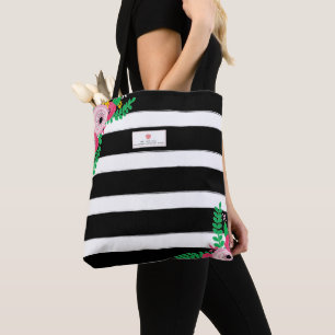 Black + White Stripe Floral Pink Apple Teacher Tote Bag