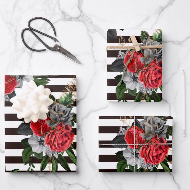 Black White Stripe Floral Wrapping Paper Set of 3 (Front)