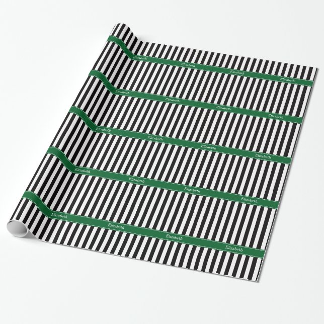 Black White Stripe Forest Ribbon Name Monogram Wrapping Paper (Unrolled)