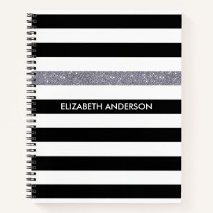 Black White Stripe Glitter Name Notebook