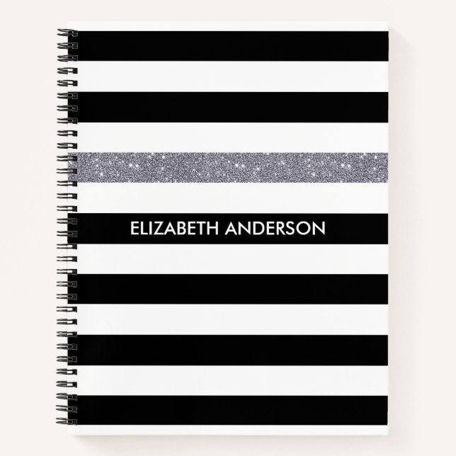 Black White Stripe Glitter Name Notebook (Front)