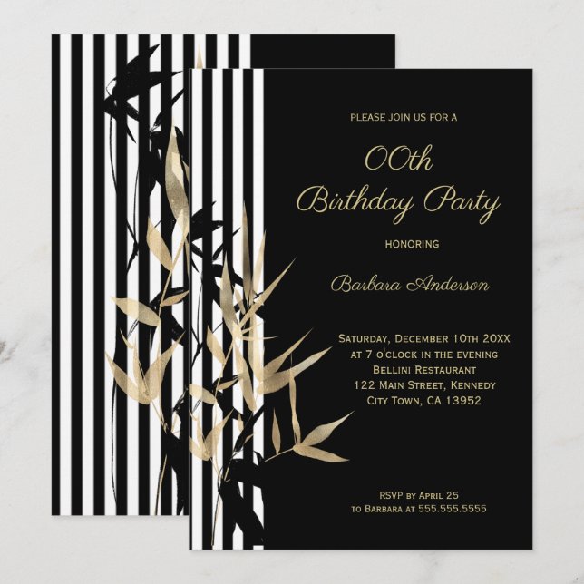 Black White Stripe Gold Bamboo leaf Birthday Invitation (Front/Back)