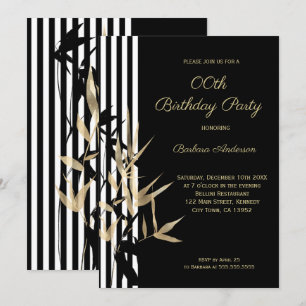 Black White Stripe Gold Bamboo leaf Birthday Invitation