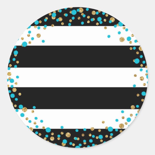 Black White Stripe Gold Glitter Turquoise Sprinkle Classic Round Sticker (Front)