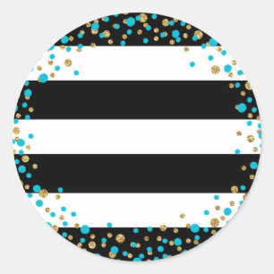 Black White Stripe Gold Glitter Turquoise Sprinkle Classic Round Sticker
