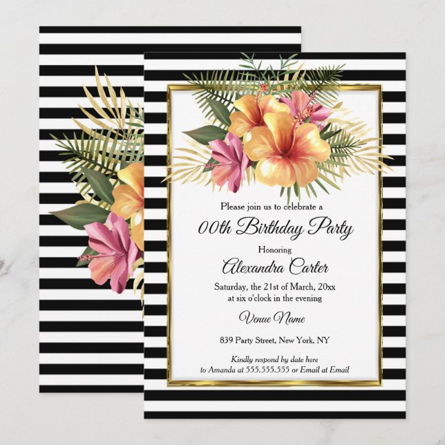 Black White Stripe Gold Hibiscus Floral Birthday Invitation (Front/Back)