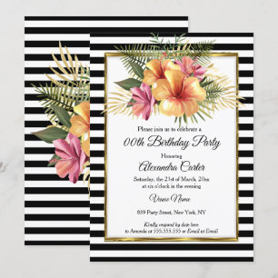 Black White Stripe Gold Hibiscus Floral Birthday Invitation