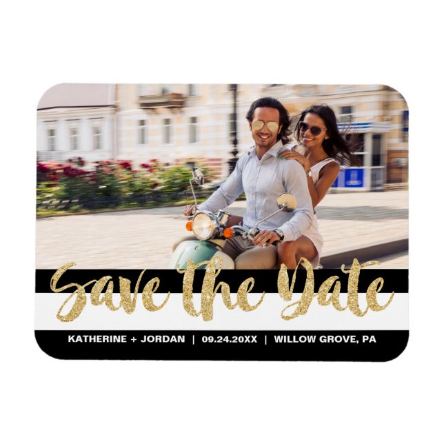 Black White Stripe & Gold Text Save the Date Photo Magnet (Horizontal)