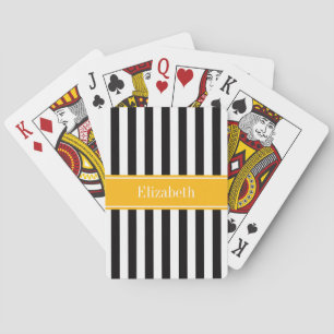 Black White Stripe Goldenrod Ribbon Name Monogram Playing Cards