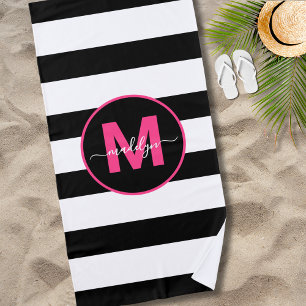 Black White Stripe Hot Pink Name Monogram Beach Towel