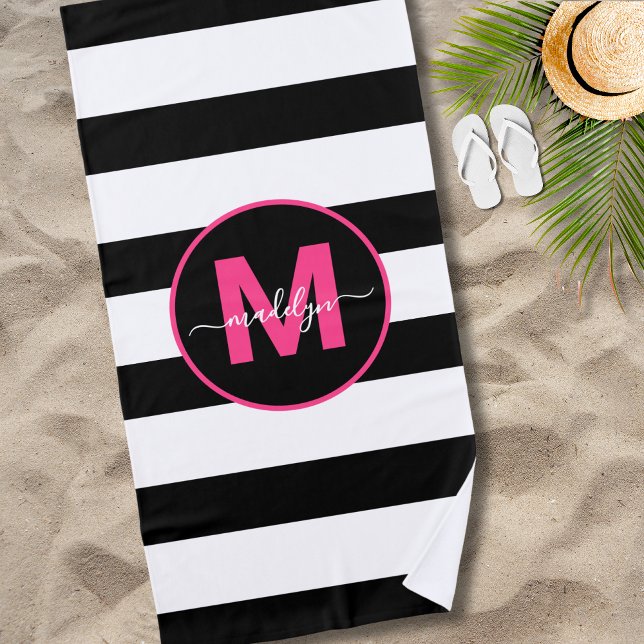 Black White Stripe Hot Pink Name Monogram Beach Towel (Black White Stripe Hot Pink Name Monogram Beach Towel)