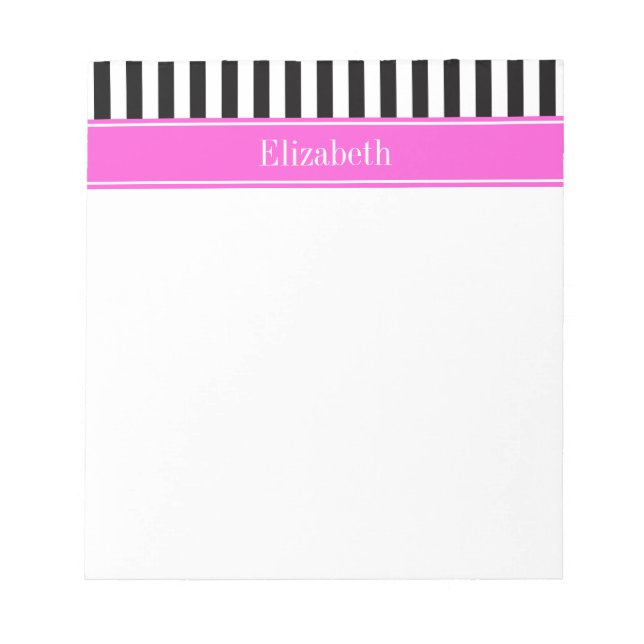 Black White Stripe Hot Pink Ribbon Name Monogram Notepad (Front)