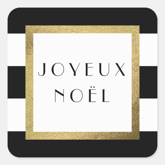 Black & White Stripe "Joyeux Noël" Xmas Holiday Square Sticker (Front)