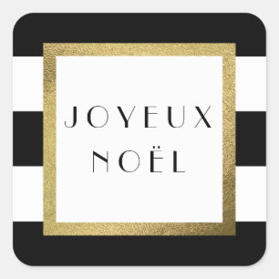 Black & White Stripe "Joyeux Noël" Xmas Holiday Square Sticker