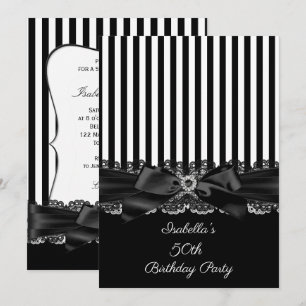 Black White Stripe Lace bow 50th birthday Invitation