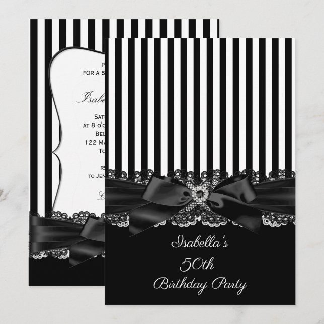 Black White Stripe Lace bow 50th birthday Invitation (Front/Back)