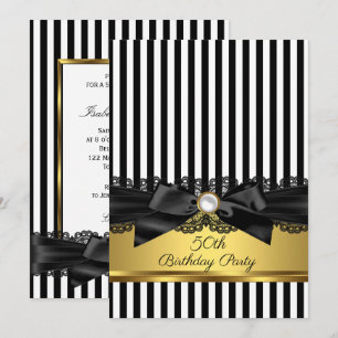 Black White Stripe Lace bow Gold 50th birthday Invitation