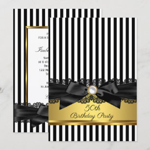 Black White Stripe Lace bow Gold 50th birthday Invitation