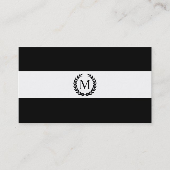 Black & White Stripe Laurel Wreath Monogram Business Card (Front)