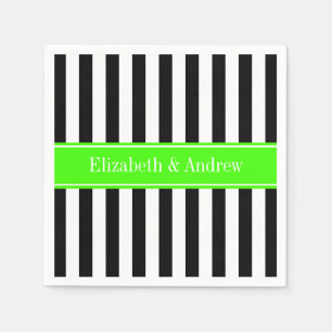 Black White Stripe Lime Ribbon Name Monogram Napkin