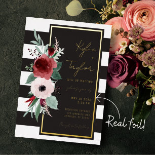 Black & White Stripe Magenta Floral Gold Wedding