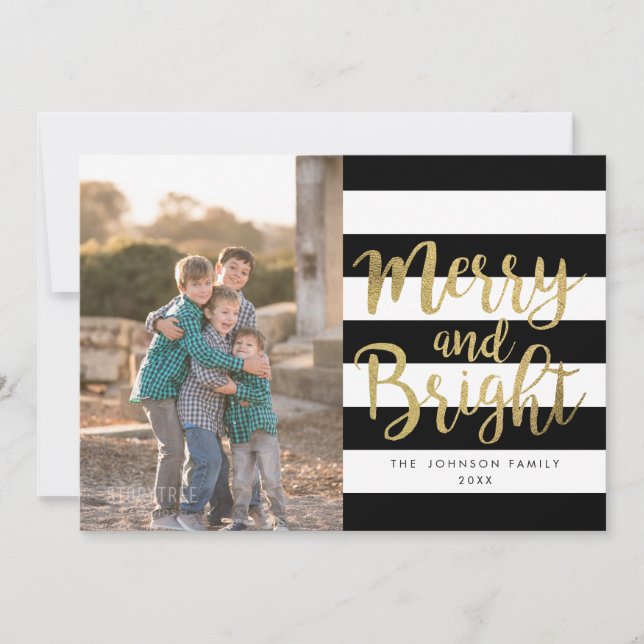 Black & White Stripe "Merry & Bright" Photo Xmas Holiday Card (Front)