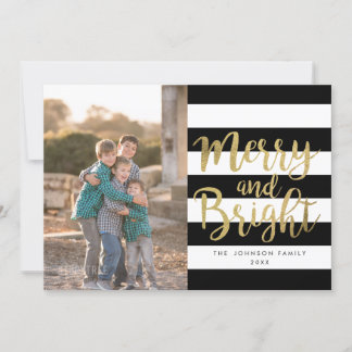 Black & White Stripe "Merry & Bright" Photo Xmas Holiday Card