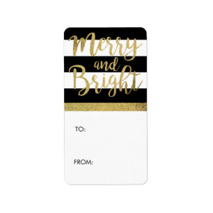 Black & White Stripe "Merry & Bright" Xmas Gift Label