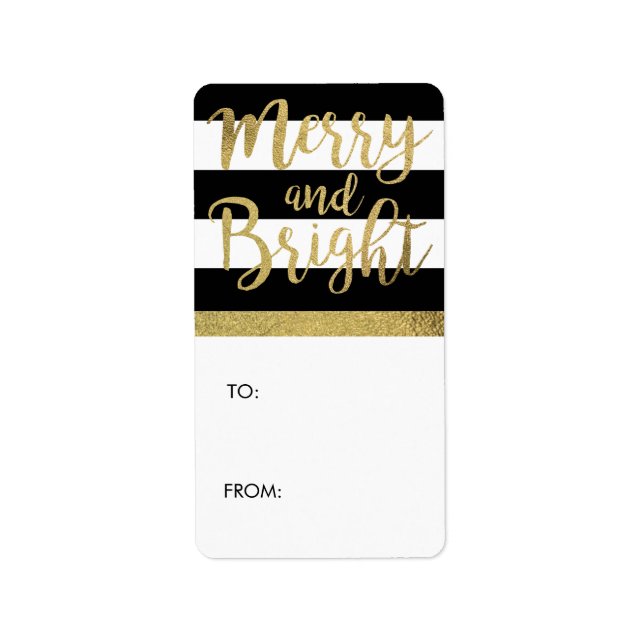 Black & White Stripe "Merry & Bright" Xmas Gift Label (Front)
