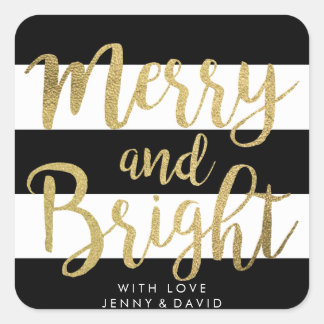 Black & White Stripe "Merry & Bright" Xmas Gift Square Sticker