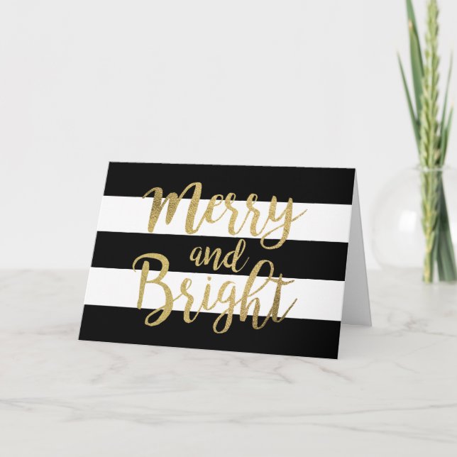 Black & White Stripe "Merry & Bright" Xmas Holiday Card (Front)