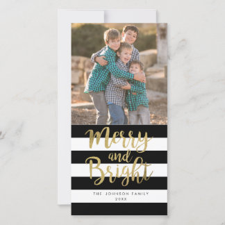 Black & White Stripe "Merry & Bright" Xmas Photo Holiday Card