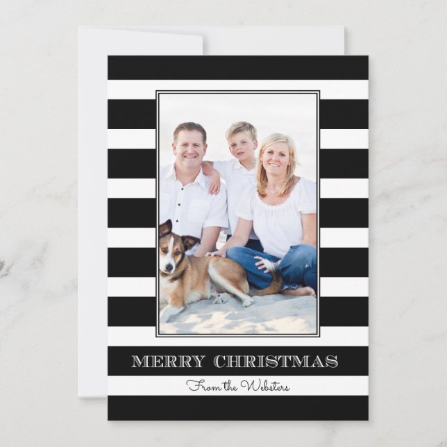 Black | White Stripe Merry Christmas Photo Holiday Card (Front)