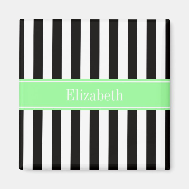 Black White Stripe Mint Ribbon Name Monogram Magnet (Front)