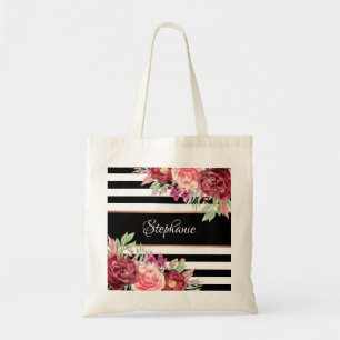 Black White Stripe Modern Floral Personalised Tote Bag