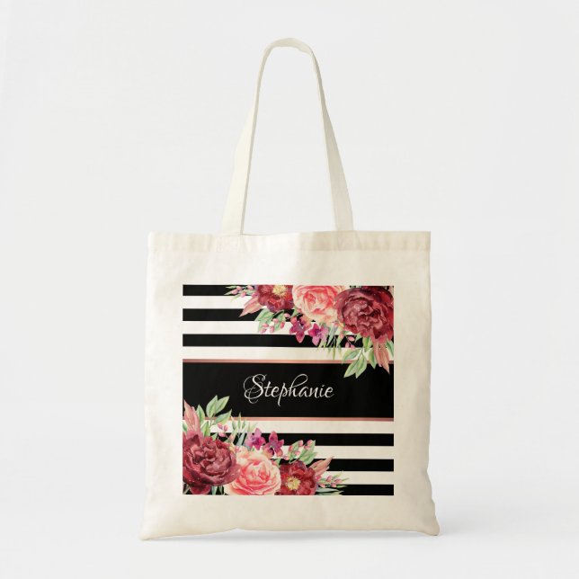 Black White Stripe Modern Floral Personalised Tote Bag (Front)