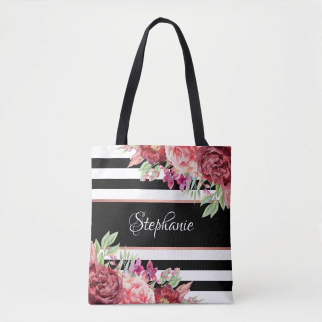 Black White Stripe Modern Floral Personalised Tote Bag (Front)