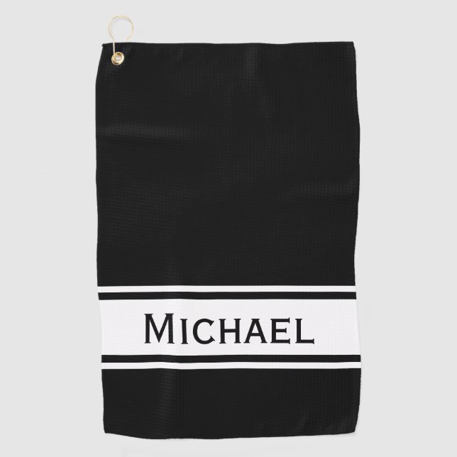 Black White Stripe Modern Name Monogram Golf Towel (Front)