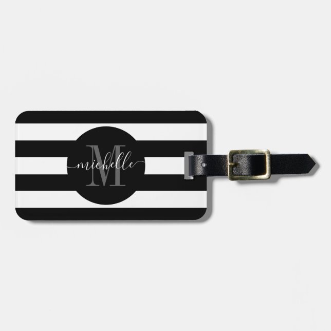 Black White Stripe Monogram Girly Script Circle Luggage Tag (Front Horizontal)