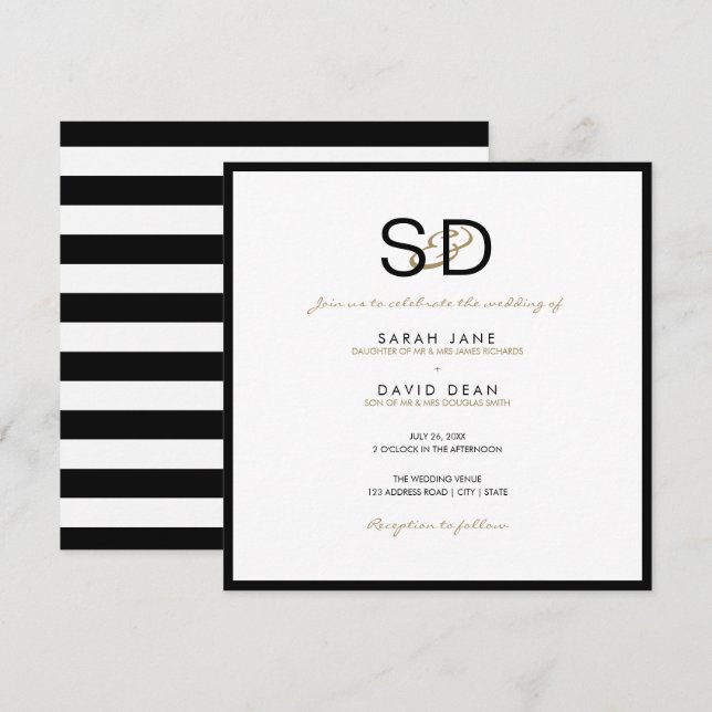 Black & White Stripe Monogram Wedding Invitations (Front/Back)