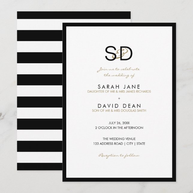 Black & White Stripe Monogram Wedding Invitations (Front/Back)