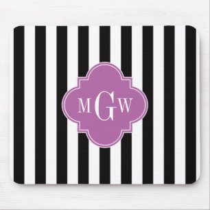 Black White Stripe Orchid Quatrefoil 3 Monogram Mouse Mat