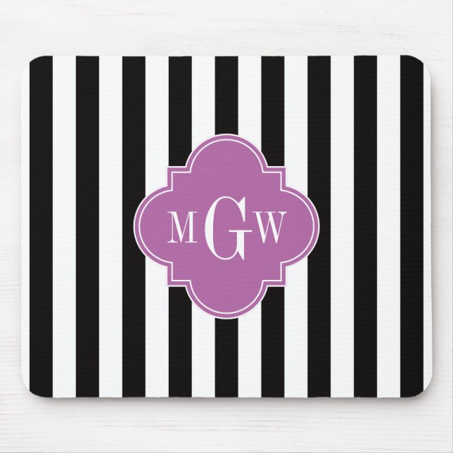 Black White Stripe Orchid Quatrefoil 3 Monogram Mouse Mat (Front)