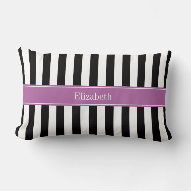 Black White Stripe Orchid Ribbon Name Monogram Lumbar Cushion (Front)