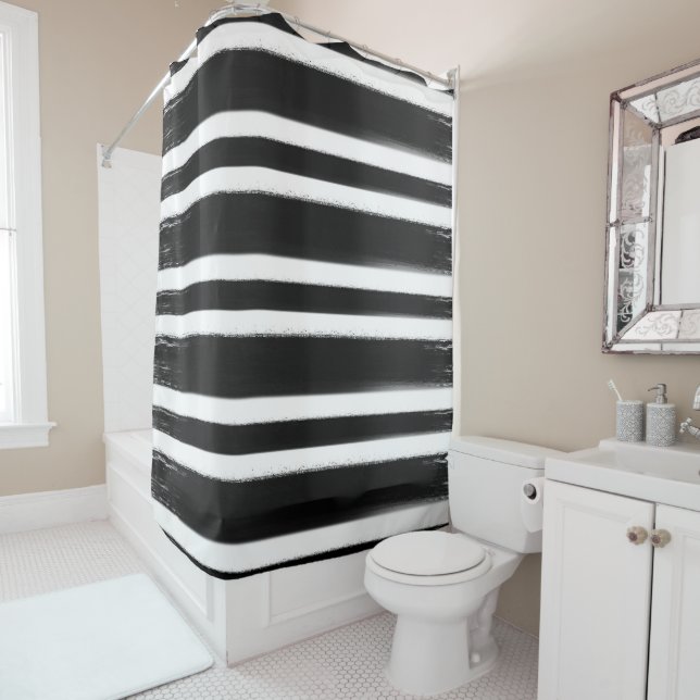 Black & White Stripe Paint Brush Shower Curtain (In Situ)