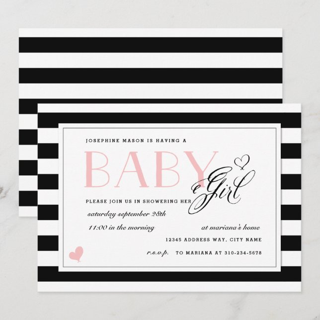 Black & White Stripe Pale Pink Girl Baby Shower Invitation (Front/Back)