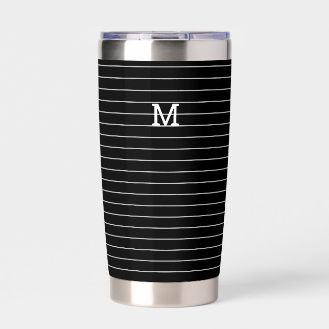 Black White Stripe Pattern Modern Simple Monogram Insulated Tumbler (Front)