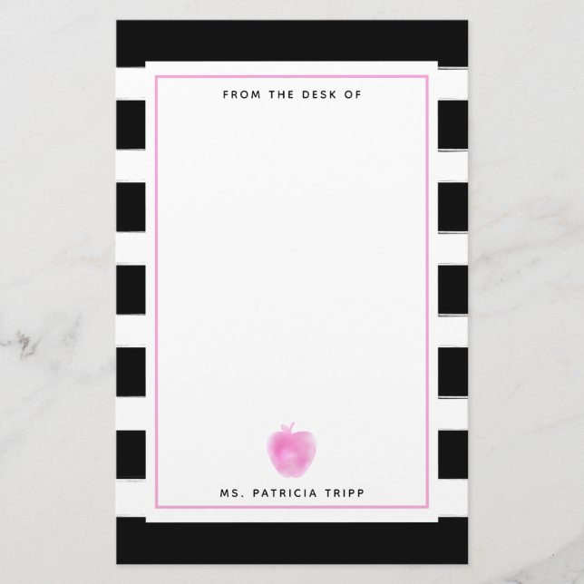 Black + White Stripe Pink Apple Teacher Stationery (Front)
